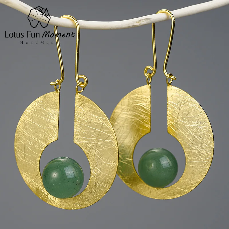 Gold green Lotus весело момент Настоящее серебро 925 проба Натуральный ручной работы дизайнер ювелирных украшений яркий круглый серьги-висюльки с Луной для Для женщин - Окраска металла: Gold green