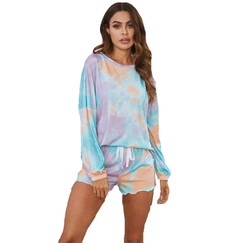 Pajamas Set Women Pyjamas Sleepwear Nightwear Pijama Home Wear Tie-Dye Print Home Long Sleeved Shorts Two Piece Set Plus size