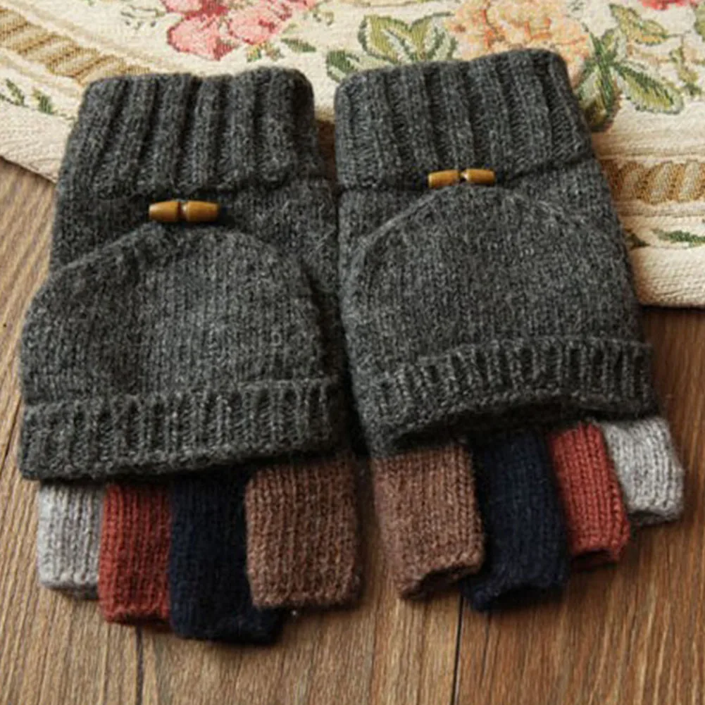 

Cycling Outdoor Sports With Flip Top Stitching Color Thickened Gift Mittens Warm Knitted Men Gloves Hiking Winter Half Finger