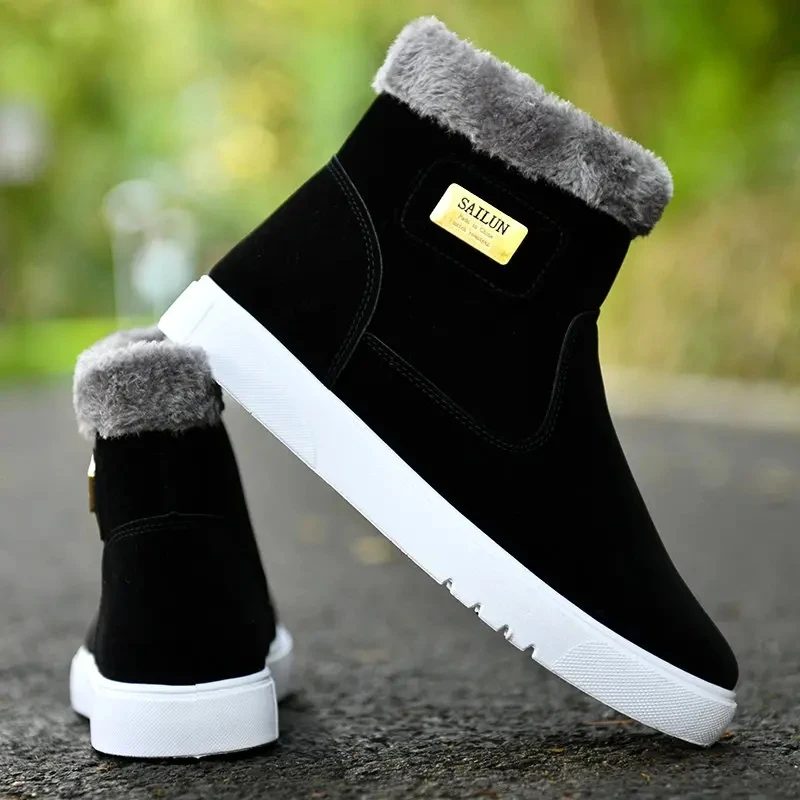

2021 Winter New Men Suede Warm Lining Slip On Non-Slip Ankle Boots Solid Color Slip-On Comfy Casual Round Toe Male Footwears