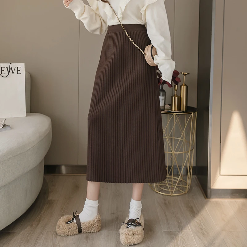 Облегающая модная эластичная Женская рабочая вязаная юбка длинные модные зимние