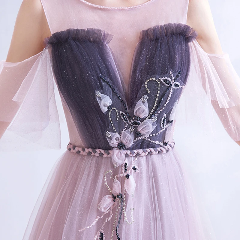 

Evening Dresses Illusion Off The Shoulder Crystal Beading O-Neck Lace Tulle Floor-Length A-Line Sequined Women Formal Gown TS537