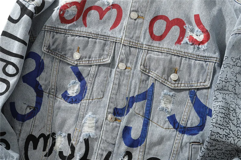 

New Men Ripped Hip Hop Streetwear Graffiti Painted Loose Jeans Jackets Holes Cotton moto Denim Jackets coat