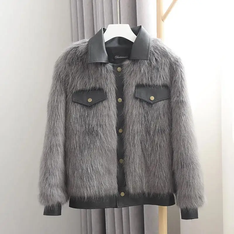 2021 Women Short Faux Fox Fur Jacket Autumn Winter New Lapel Fashion Parker Female Fur Coat Loose Elegant Buttons OverCoat