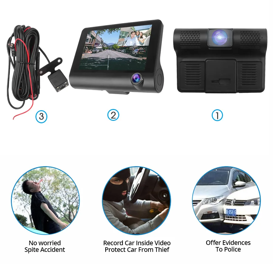 Full HD 1080P Car Video Recorder 4-Inch Display 3 Camera Lens Night Vision Motion Sensor DVR Automobile Data | Автомобили и