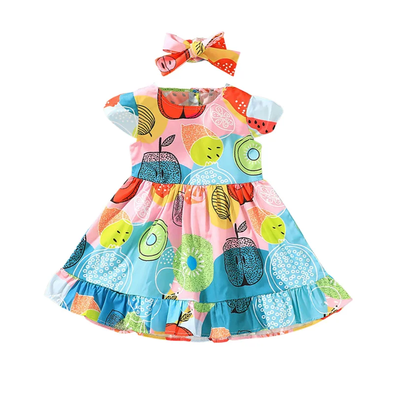 

Kids Summer Dress, Multicolor Fruit Print Round Neck Short Sleeves Frilly A-Line Vitality Skirt for Little Girls