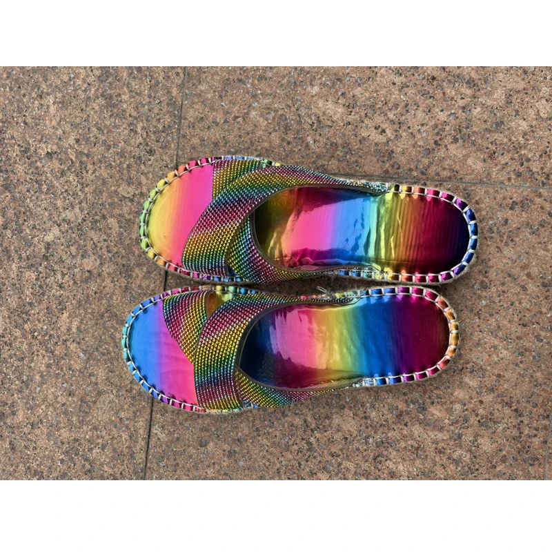 

2021 Summer Women's Shoes Fashion Open Toe Casual Flat Sandals Outdoor Rhinestone Beach Slippers Plus Size