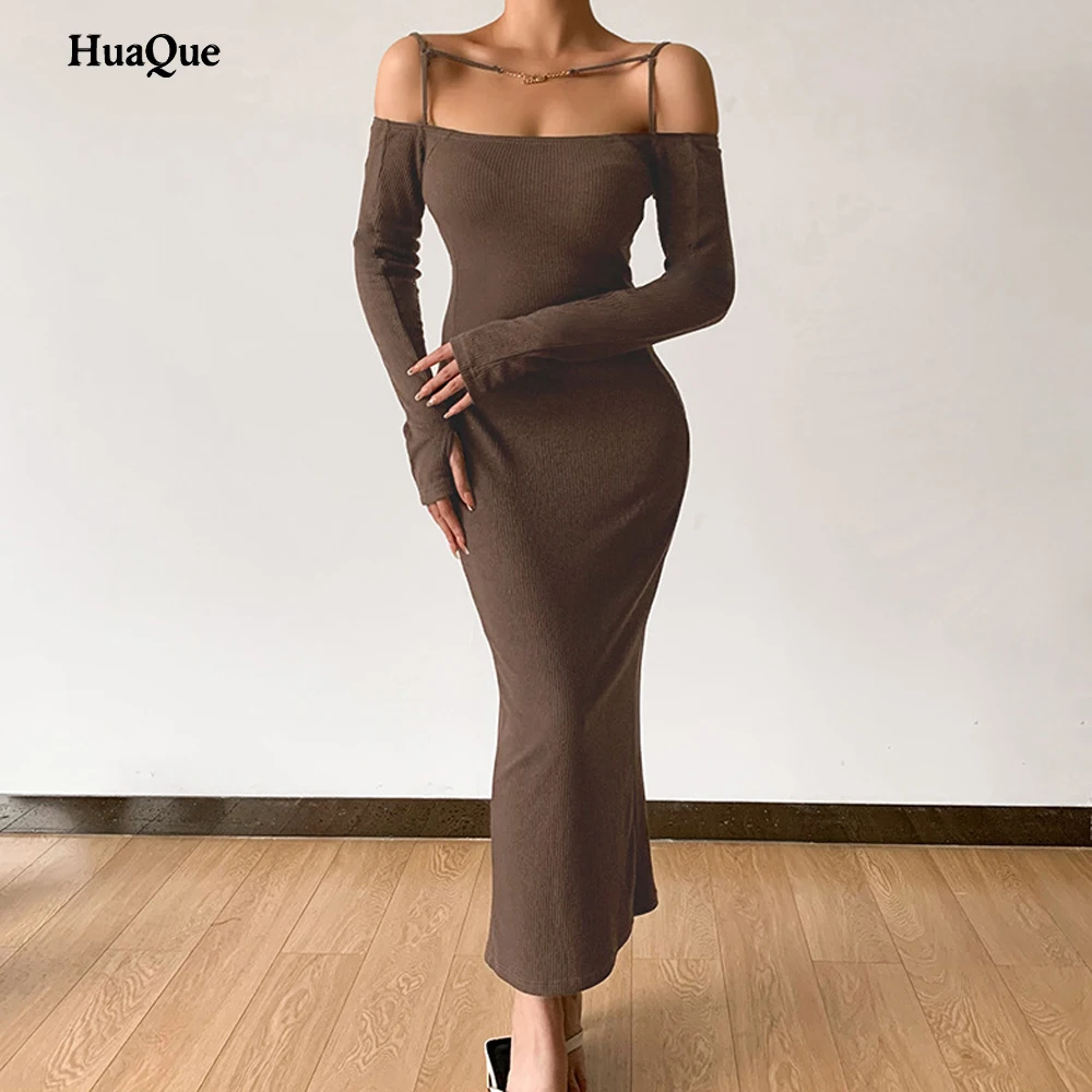 

dress women elegant knitting dress high quality sweater women winter Long dress slash neck Sexy Long sleeve dress Brown women