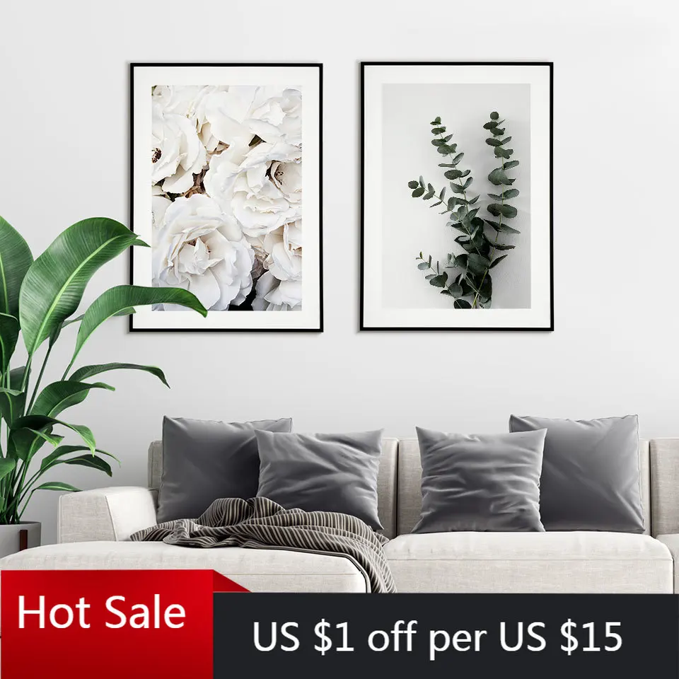 Белый плакат с розами эвкалипта ветвь Холст Картина Настенный декор искусство