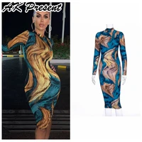 2021 autumn new printed sexy hip long sleeved women midi dress bodycon tie dye slim elegant for party