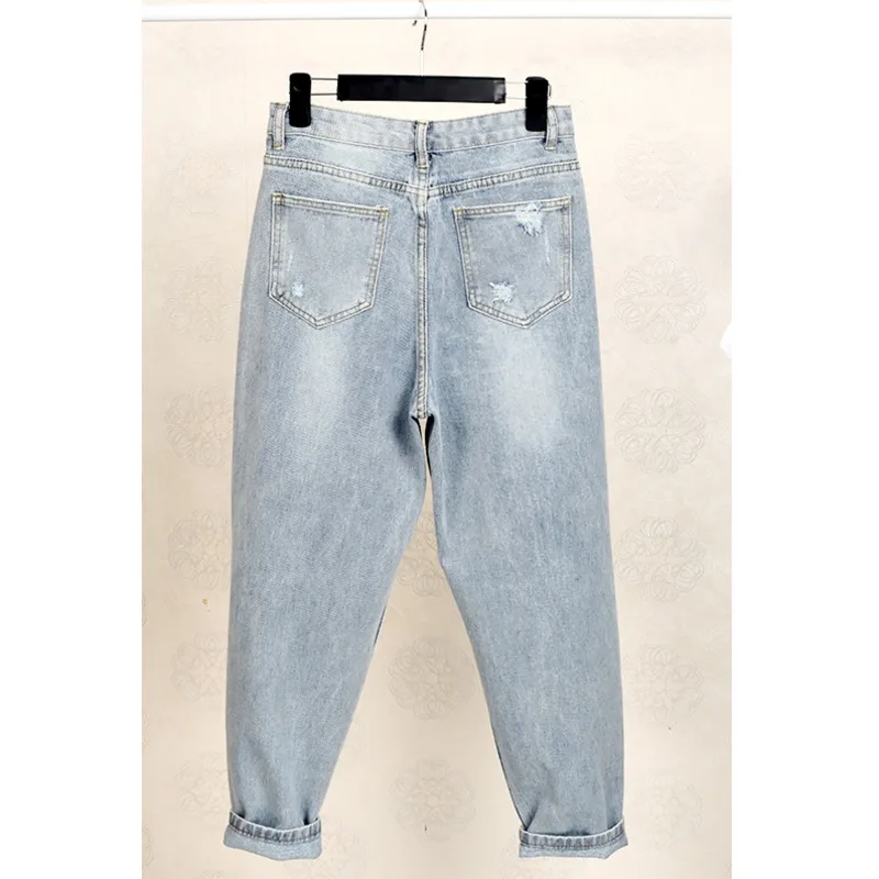 Брюки женские джинсовые с высокой талией повседневные рваные джинсы-бойфренды