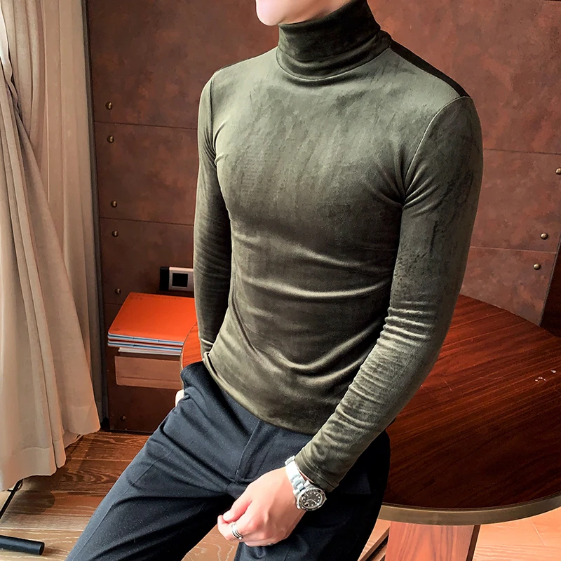 Азиатский размер Slim Fit стрейч бархат водолазка Мужская футболка с длинным