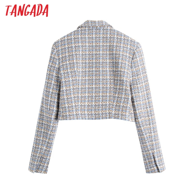 

Tangada 2021 Fashion Women Plaid Tweed Cropped Blazer Coat Long Sleeve Female Outerwear BE614