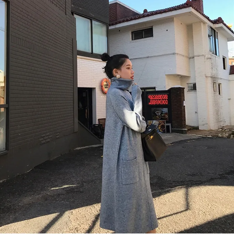 2019 women's spring and autumn winter long-sleeved sweater dress pullover straight knit loose warm casual pocket clothes | Женская