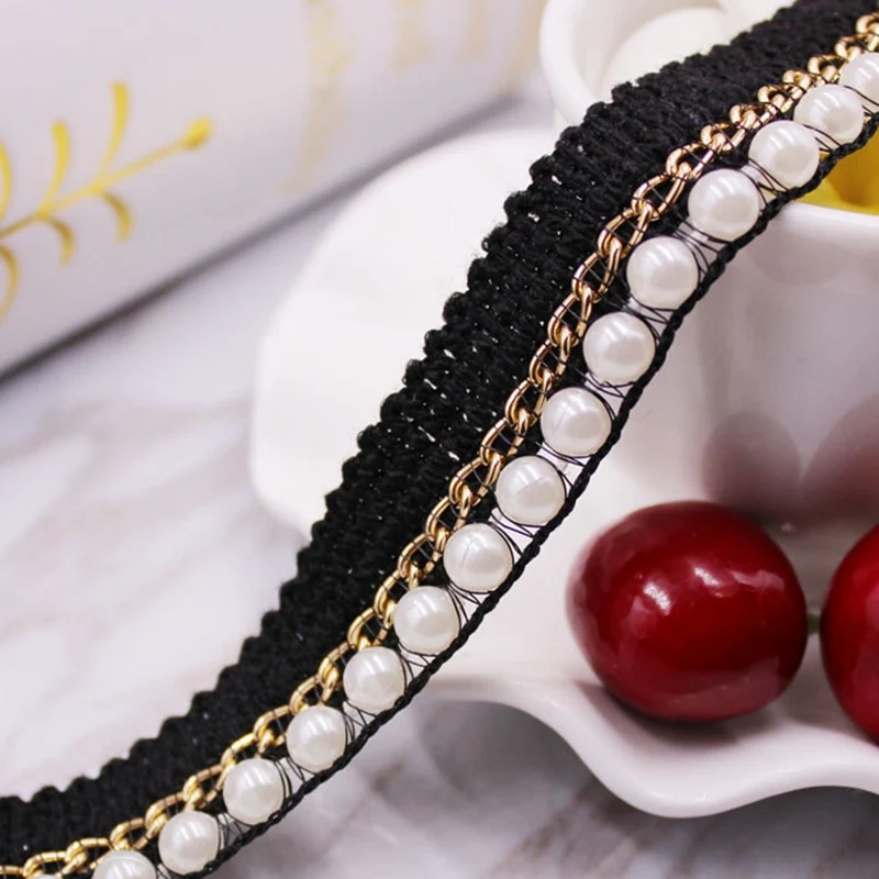 1 ярдов жемчужина бисером кружева отделка ленты ткань белый/черный Кружева