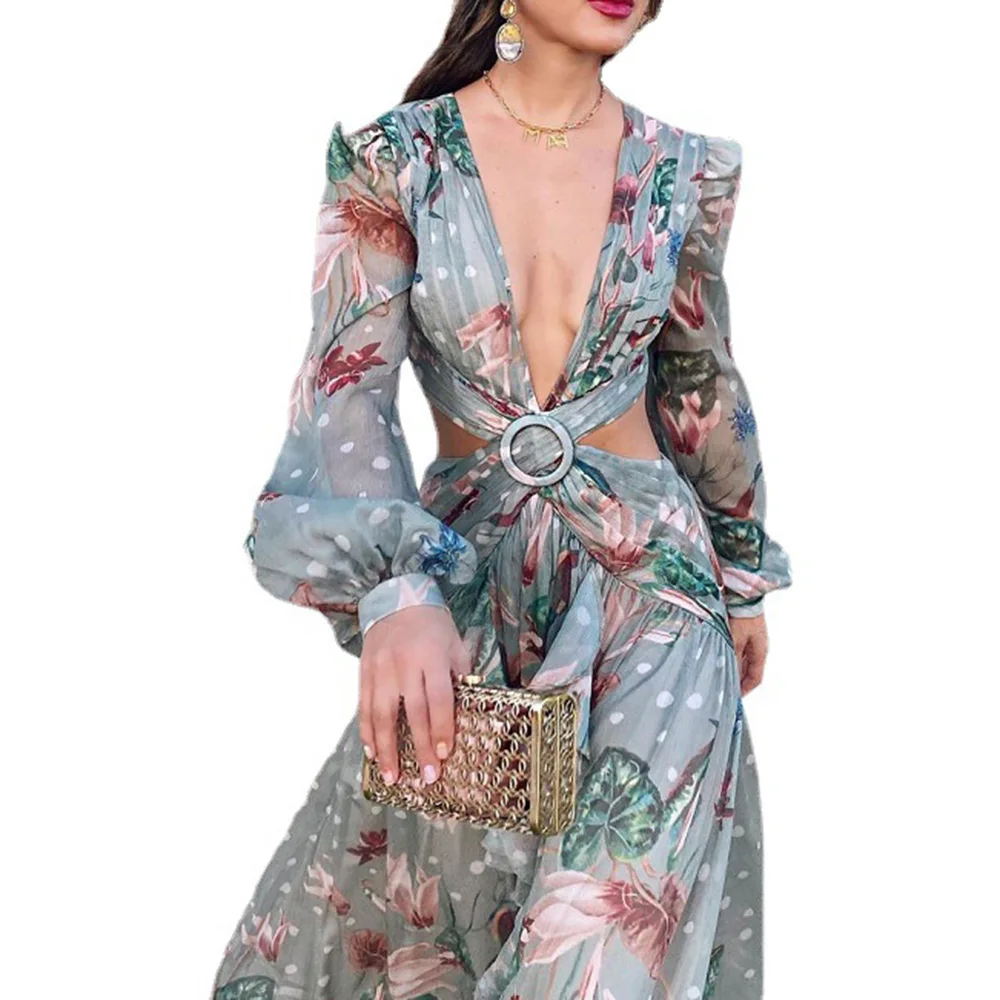 

Western Style Women Sexy Low Cut Dress Spring Autumn New Fashion Show Waist Cross Printing Lantern Sleeve Swing