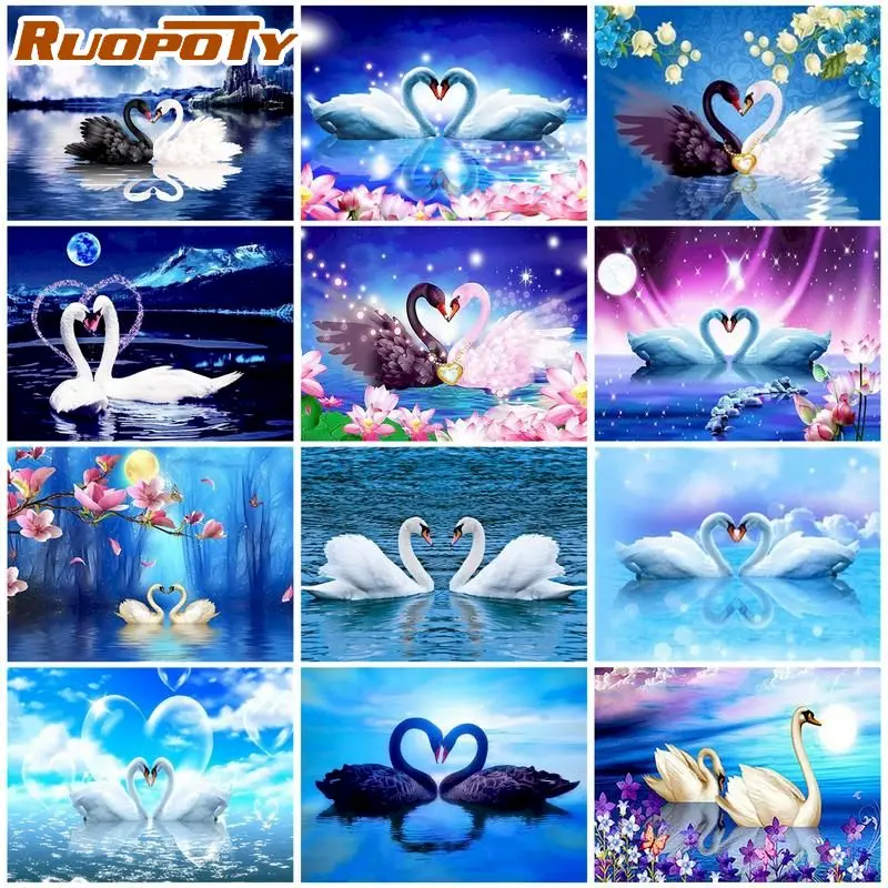 

RUOPOTY DIY Framed Painting By Numbers Swan Animals Handpaited Wall Art Drawing by numbers For Aduilt Kits Home Decor Acrylic
