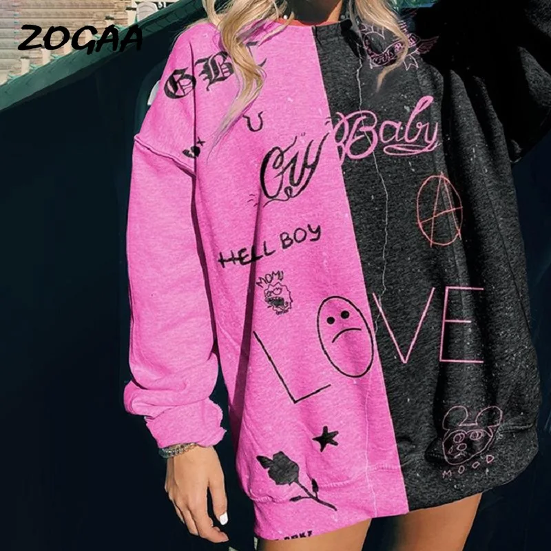 

ZOGAA Sweatshirts Women Cartoon Skull Print Patchwork Loose Long Sleeve Pullovers Autumn Winter O-Neck Tops Plus Size Hot Chic