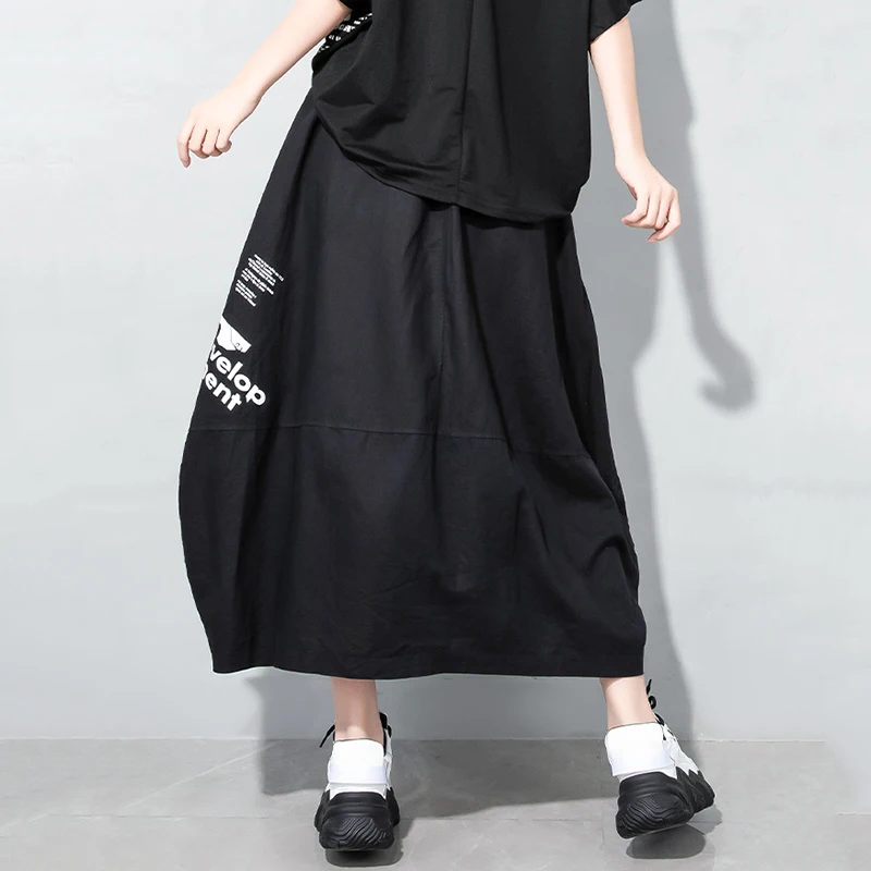 

[EAM] High Elastic Waist White Pattern Printed Long Linen Half-body Skirt Women Fashion Tide New Spring Summer 2021 1DD9513