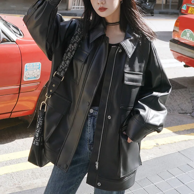 

FORYUNSHES Women's PU Leather Jackets Coats 2020 Autumn Winter Femme Retro Black Loose Faux Leather Locomotive Jacket Outerwear