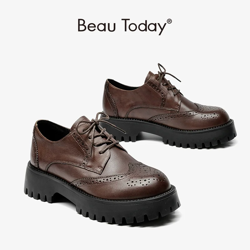 

Women Brogue Genuine Leather Platform Shoes Wingtip Round Toe Lace-Up Office Ladies Flats Handmade BeauToday 21839