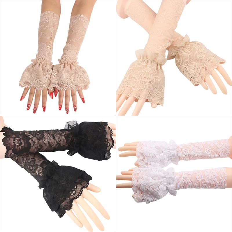 

Bridal Ruffled Fingerless Gloves Sheer Floral Lace Wedding Arm Warmer Sleeves X5XA