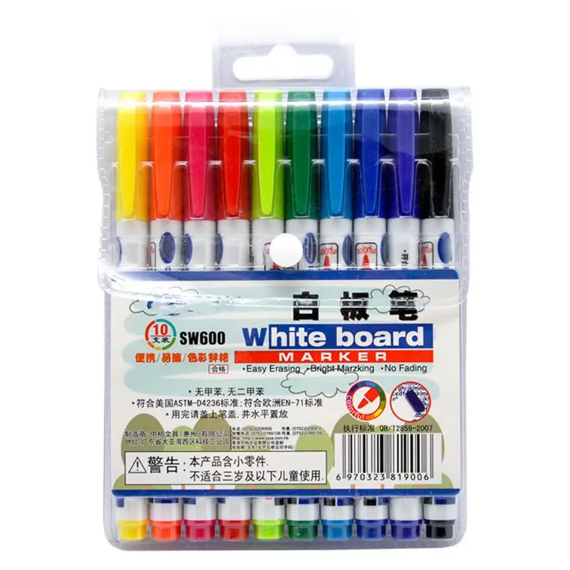 

10 Colors Erasable Whiteboard Marker Pen Non Toxic Sign Fine Nib Drawing Pens Office School Supplies