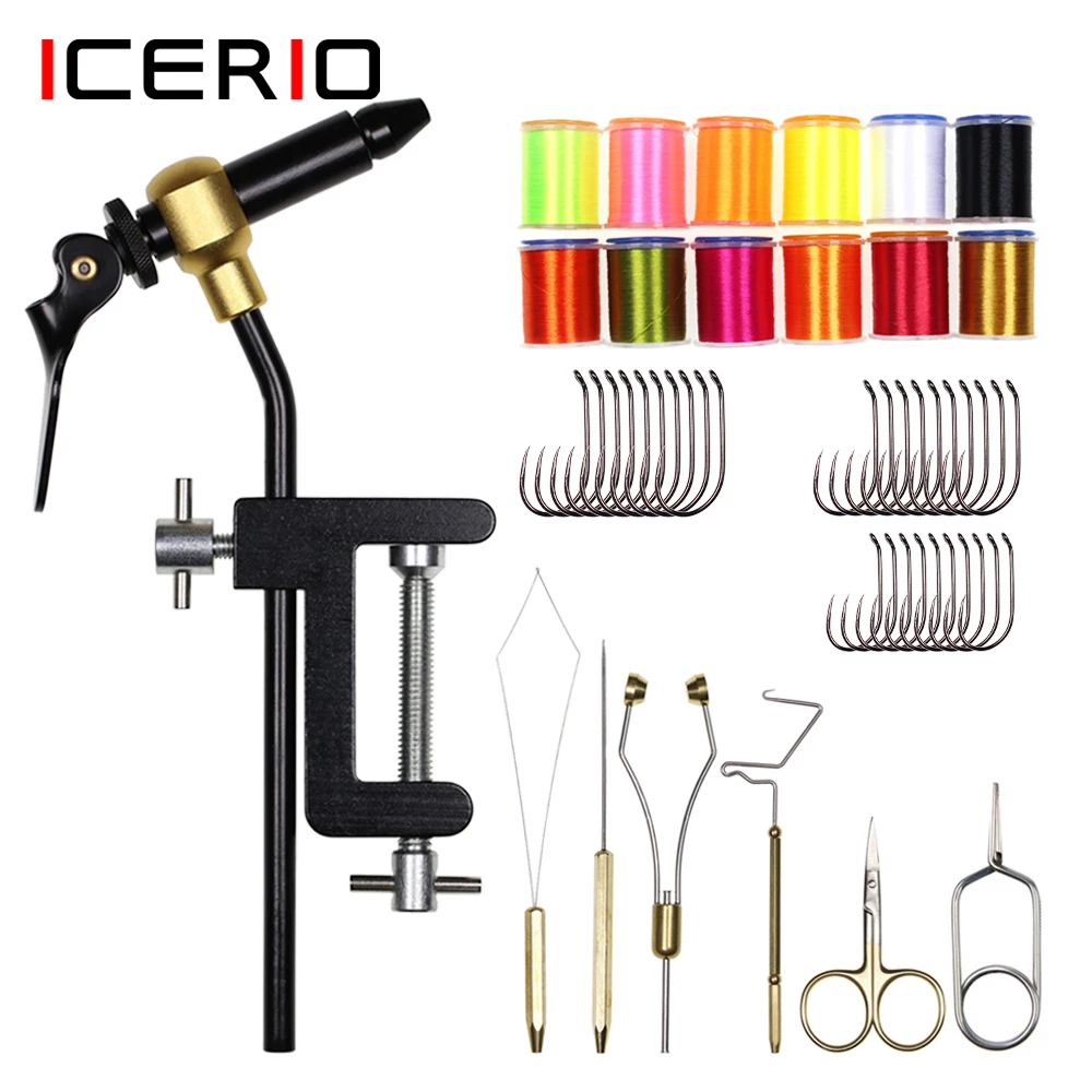 ICERIO Fly Tying Tool Kits include Tying Vise, Whip Finisher, Bobbin Threader, Bobbin Holders and 70D Thread Barbless Czech Hook