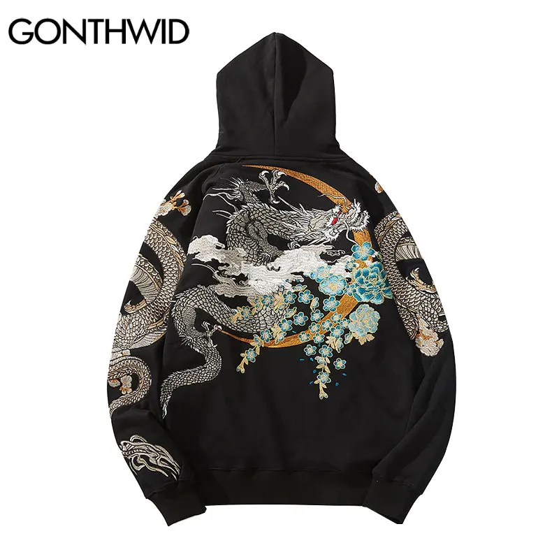 GONTHWID Streetwear Hoodie Hip Hop Sweatshirt Streetwear Embroidered Dragon Hooded 2022 Mens Harajuku Cotton Pullover Black