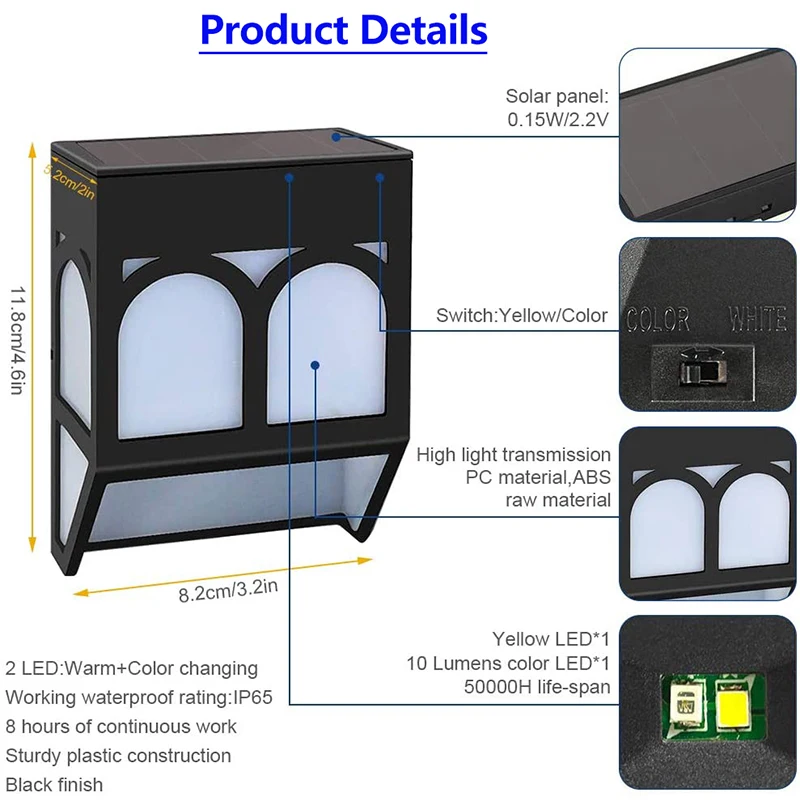 

Solar Lamp Outdoor Colorful Waterproof LED Lights for Wall Garden Decoration Stylish Fence Lamp Emergency Night Lighting