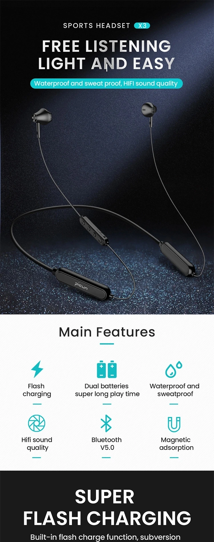 Picun X3 Bluetooth наушники IPX6 водонепроницаемые спортивные беговые беспроводные наушники Магнитный дизайн шейные стерео наушники