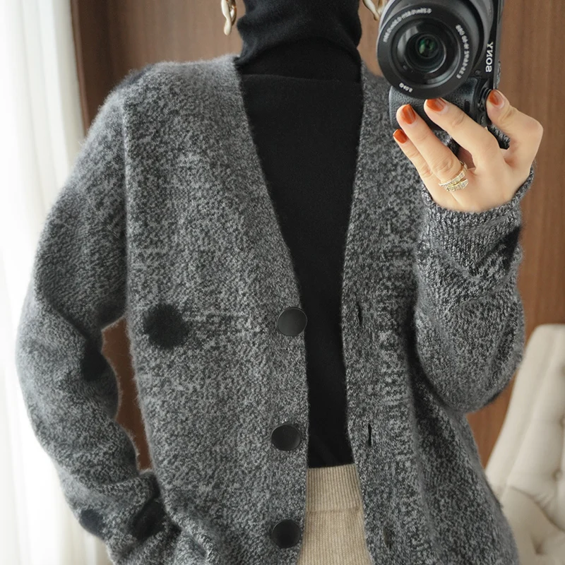 

Cashmere Sweater Autumn/Winter 2021 Women's V Neck Cardigan Casual Knit 100% Wool Tops Korean Female Jacket hots