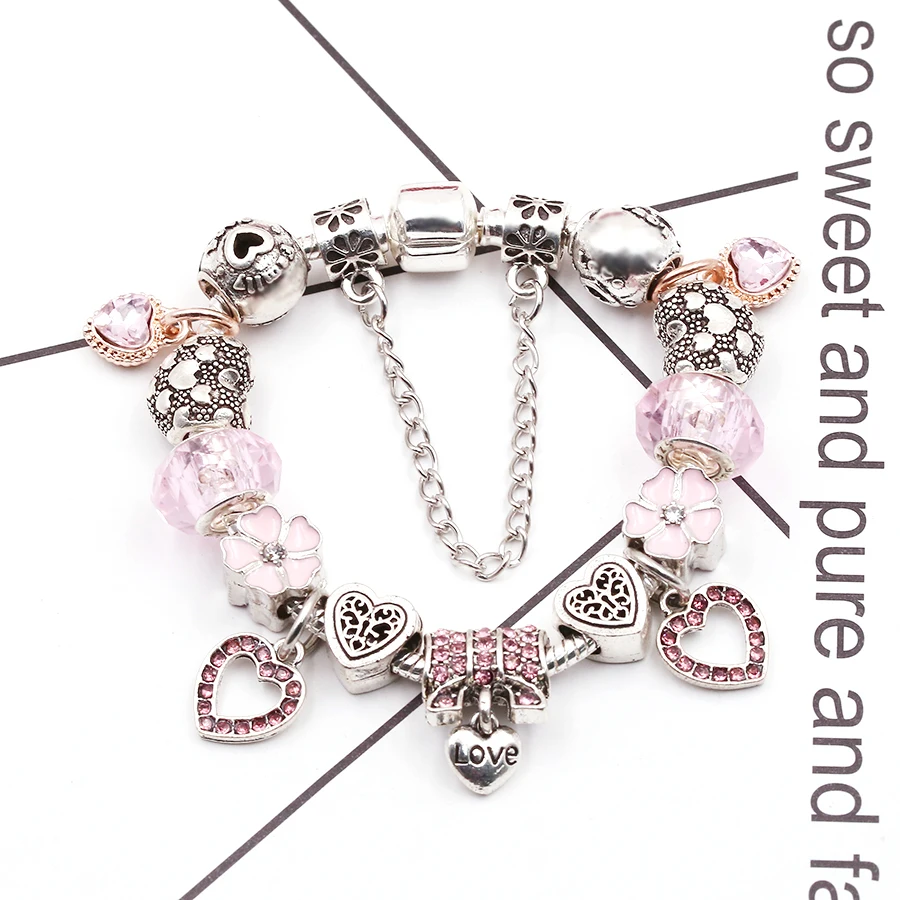 BuipoeyNew Fashion Rose Gold Love Bow Pendant Beaded Pink Crystal Beads Small Daisies Bracelet Bangle Female | Украшения и