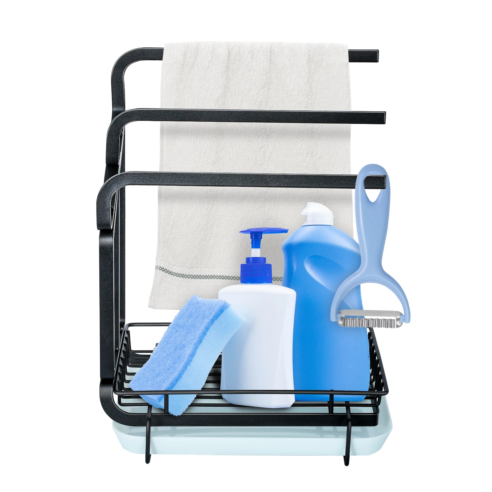 

Integrated Towel Rail Kitchen Sink Caddy Shelf Organizer Sponge Brush Soap Holder Countertop Dishcloth Hanger With Drain Pan