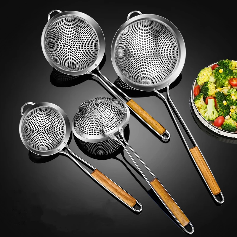 

304 Stainless Steel Fine Hole Colander with Wooden Handle Oil Spoon Strainer Filter Food Skimmer Scoop Kitchen Accessories