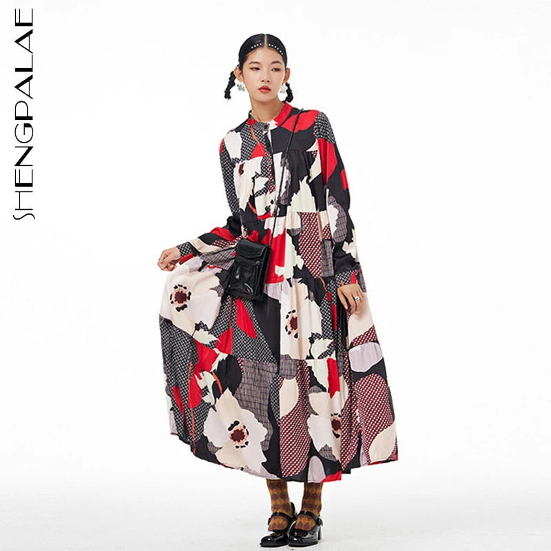 

SHENGPALAE Fashion Printed Cupcake Derss Women's Autumn 2022 New Round Neck Loose Big Swing Long Sleeve Mid-calf Dresses Female