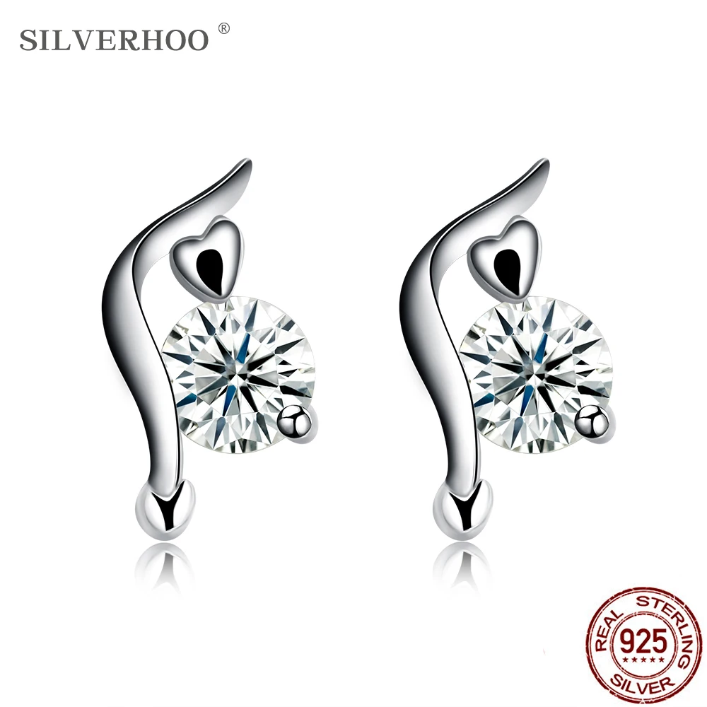 

SILVERHOO Irregular Line Heart Earrings For Women 925 Sterling Silver Round 5A Cubic Zirconia Stud Earring Fine Jewelry Gift