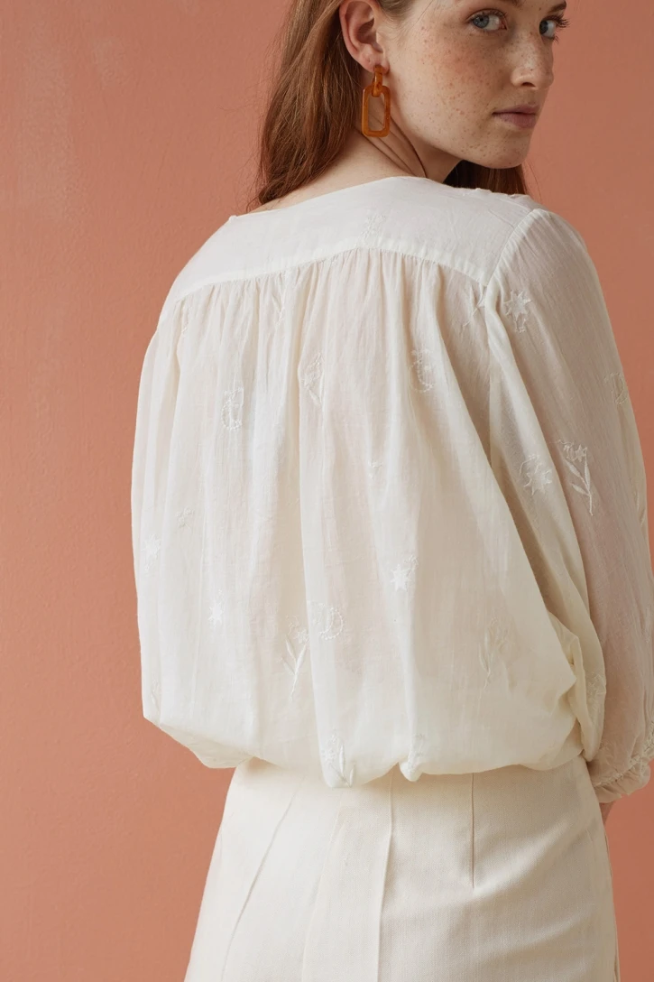 

White Embroidered Sleeve V-neck Shirt Top Cotton Shirt