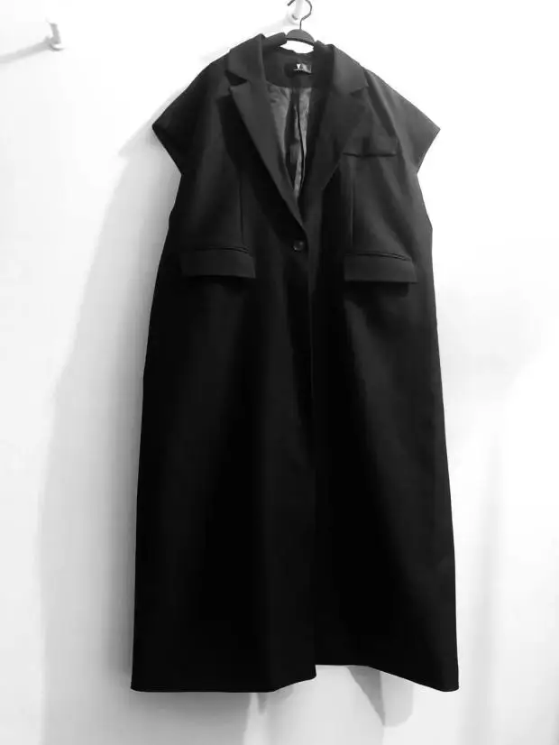 

SuperAen 2021 Fashion Long Vest Coat Women Office Lady Notched Collar Pockets Cardigan Korean Sleeveless Outerwear Coats