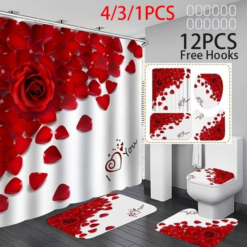 

Rose Petal Print Bathroom Decor Mildew-proof Waterproof Shower Curtain+ Non Slip Bathroom Pedestal Rug+ Toilet Lid Cover