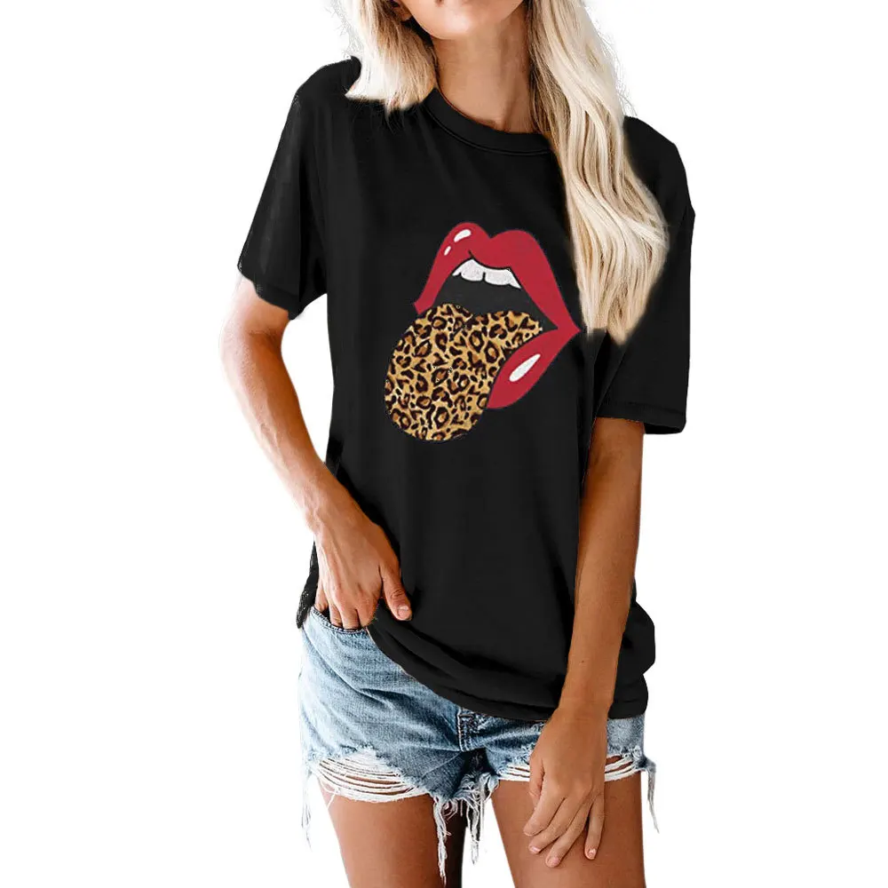 

European and American Women's Top Popular Big Mouth Leopard Tongue Round Neck Short Sleeve T-shirt