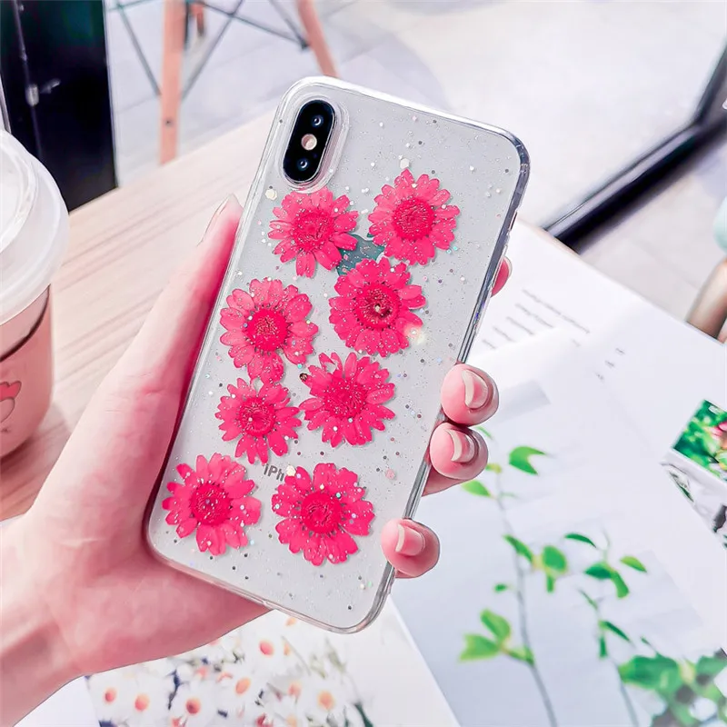 Чехол для телефона с настоящими цветами и сушеными цветами для iPhone X, XS, XR, XS, Max, 6, 6 S, 7, 8 Plus, прозрачная блестящая красивая мягкая задняя крышка из ТПУ