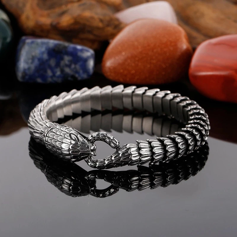 

10mm Punk Retro Viking Snake Head Charm Chain Bracelet Men Women Black Stainless Steel Snake Blessing Biker Link Bangle Jewelry