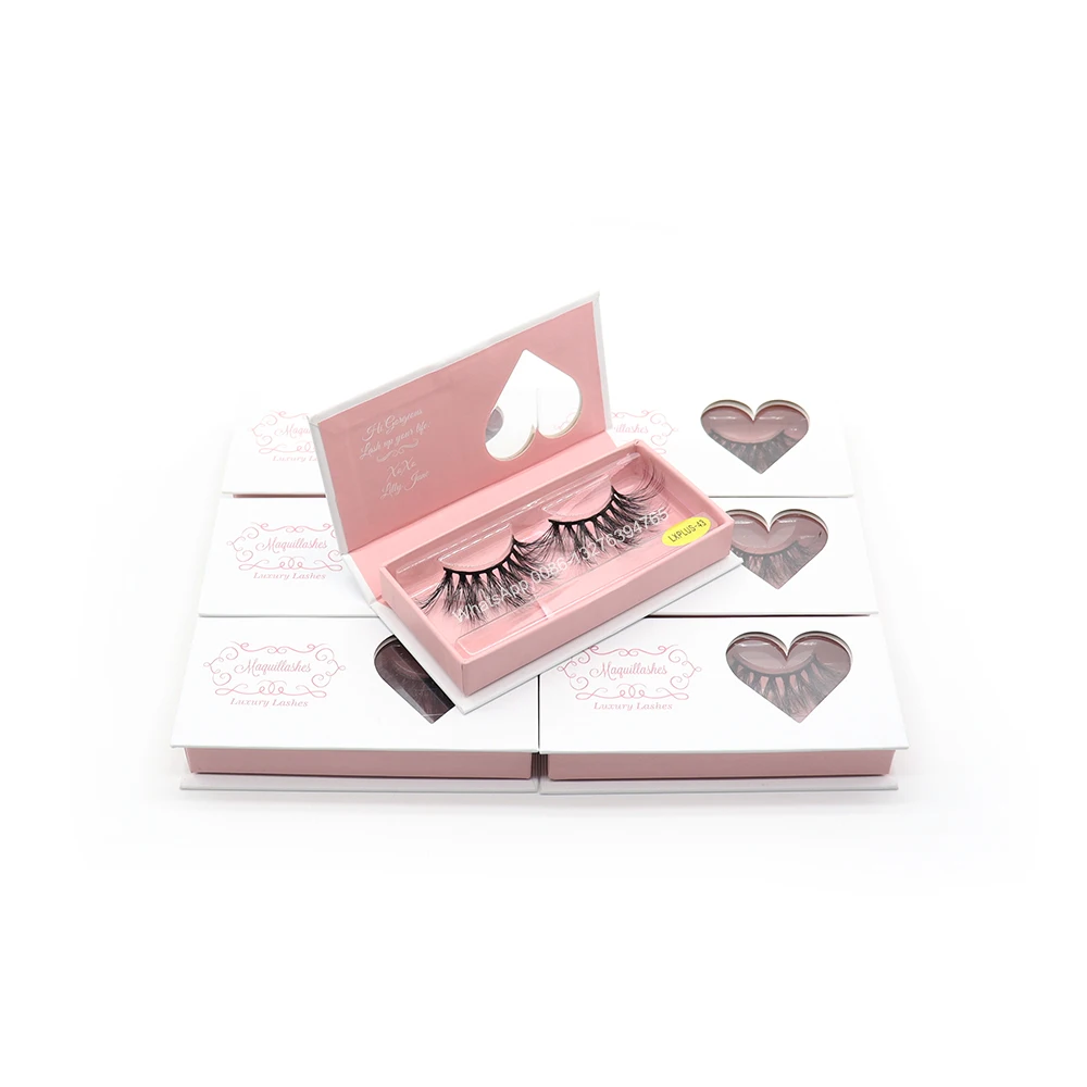 

Sweet Pink Eyelash Case With Heart Window Wholesale 5D Fluffy Siberian Mink Eyelashes Custom Lashbox Packaging With Logo