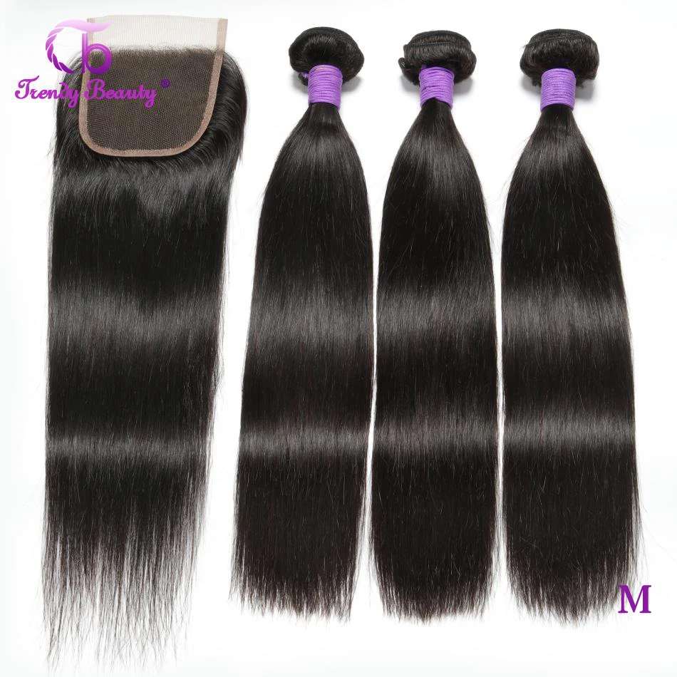 Peruvian Straight Hair Bundles With Closure 4x4 Inches Remy Human Hair 3 Bundles With Closure Hair Extensions Trendy Beauty