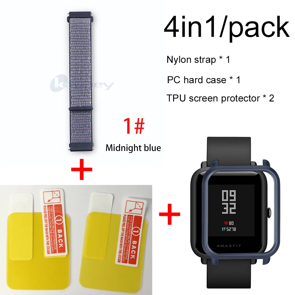 1-Navy blue case 4в1 для Xiaomi Huami Amazfit ремешок bip браслет нейлоновая петля Smartwatch Браслет amazfit bip чехол с защитой экрана - Цвет: 1-Navy blue case