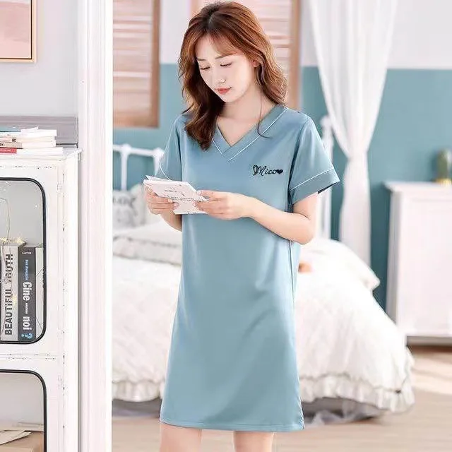 Spring summer new season nightdress Women's short sleeve loose thin ice silk nightgown Korean nightwear skirt female sleepwear