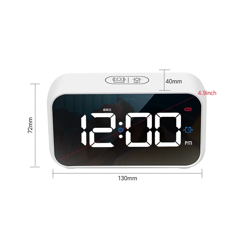 

LED Mirror Alarm Clock Sound-Activated Clock Multifunction Rechargeable Bedside Music Clock Dual Alarms With Snooze Function