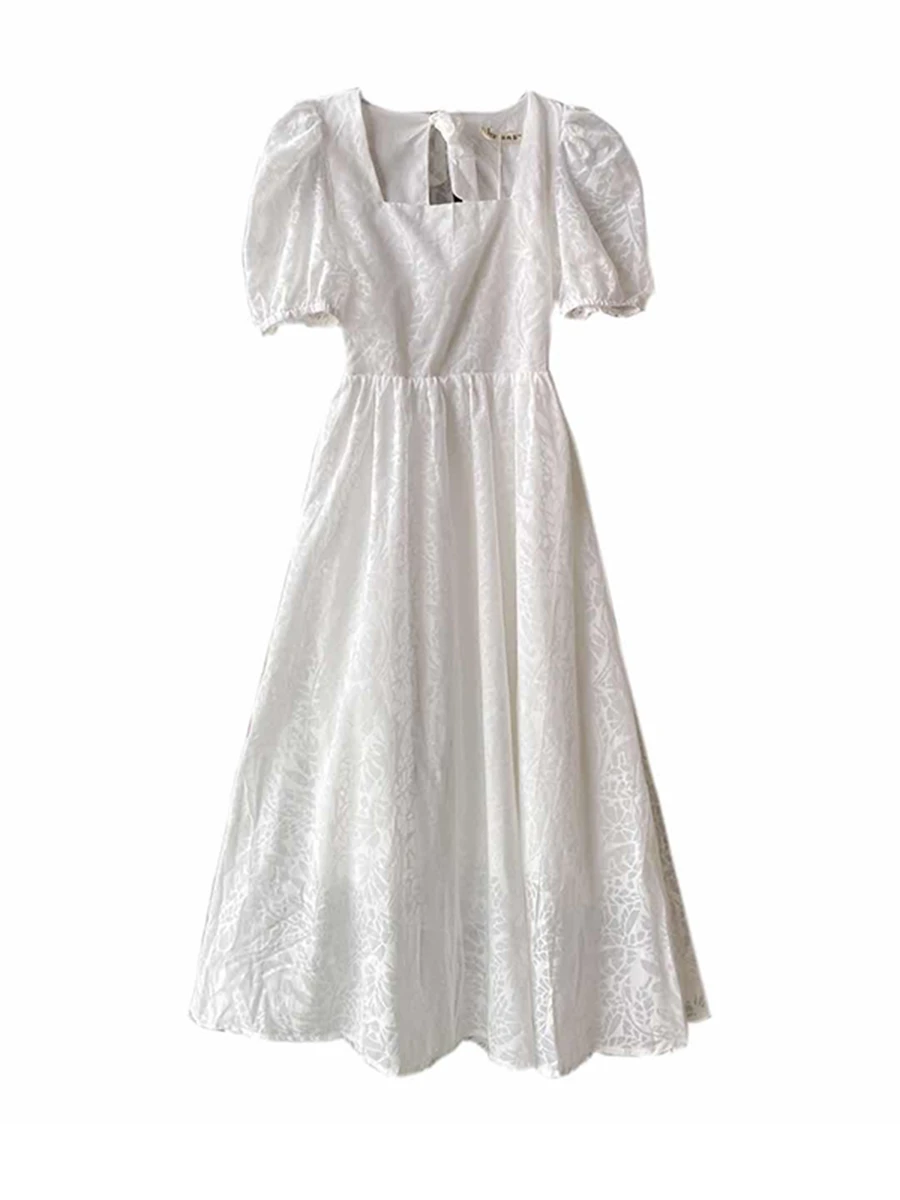 

Uulutonica Summer Women Elegant Fashion A-line Print Short Bow Mid-calf Puff Sleeve Empire Square Collar Dress