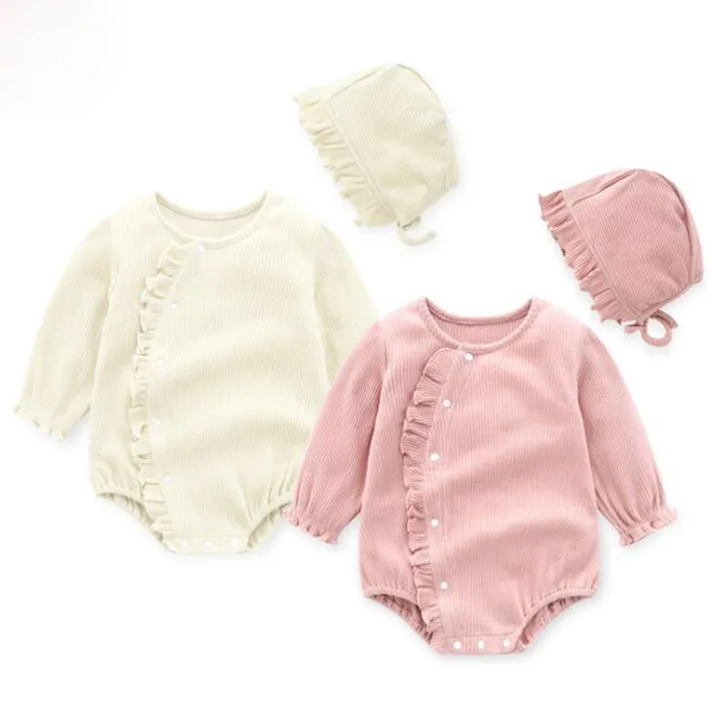 

New Infant Newborn Baby Girls Long Sleeve Pure Color Rompers Clothes And Hat Spring Autumn Baby Toddler Girls Jumpsuit
